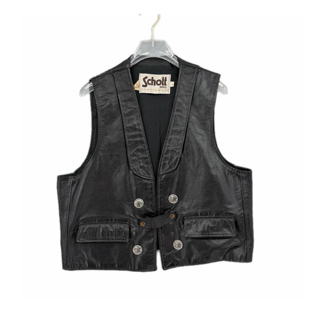 Schott Bros. Vintage Black Smooth Leather Western Motorcycle Biker Edgy Vest
